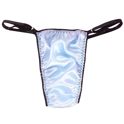 Ania's Poison Sissy Thong Panties Blue Satin Shiny Triangle T-thong Adjustable Men's Thong Panties Black Trim