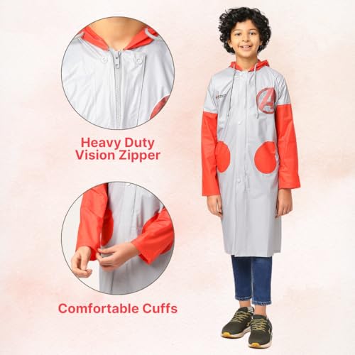 Image of Citizen Avengers Kids Raincoat with Inbuilt Hood & Carry Bag, PVC Virgin Fabric with High Tearing Strength, Full Sleeves Knee Length Raincoat For Boys & Girls, Grey & Red