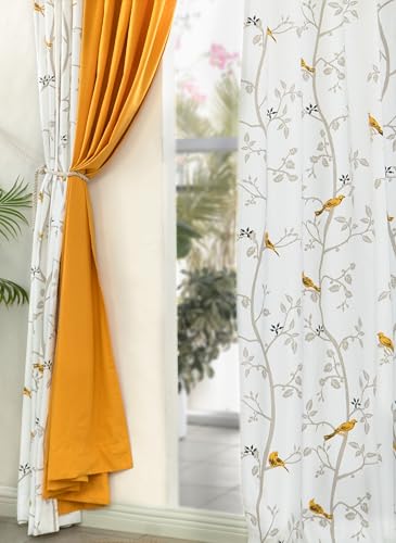 Image of Tranquebar Curtain Co. Window Curtains 5 Feet, 60-65% Room Darkening,Yellow Bird Print, Cotton Curtains for Window,Cotton Curtains 5 Feet Set of 3, BackTab Loops, Yori Yellow combo (152 cm) - Set of 3