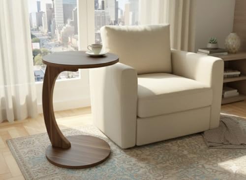 Image of C Shaped Wooden Sofa Side Table for Living Room | Multipurpose Laptop Table for Couch Bed & Recliner | Space Saving Portable End Table | Modern Furniture for Home & Office Use Natural Brown
