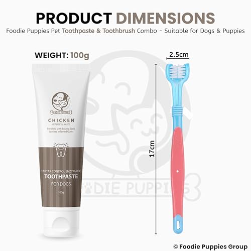 Image of Foodie Puppies Pet Dental /Oral Care Combo of Toothbrush and Toothpaste - (Triplehead Toothbrush + Chicken Toothpaste, 100g) | Removing Bad Breath, Tartar Dental Care Cleaning Combo