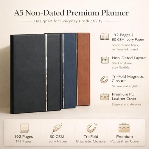 Image of A5 PU Leather Notebook with Tri Fold Magnetic Closure, PU Leather Diary with 192 Pages 80 GSM Ivory Paper for Office Business Journaling (Navy Blue)