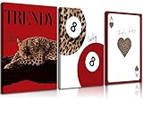 Set of 3 Trendy Leopard Print Canvas Wall Art Funky Red Lucky 8 Ball Poster Prints Preppy Room Aesthetic Cheetah Pictures Wall Decor for Girls Bedroom Apartment Dorm Home Decoration 12x16in