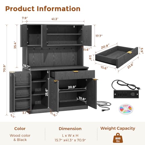 Image of Fluted Pantry Storage Cabinet with Charging Station & LED Light, 71 inch Tall | Large Pantry Cabinet with Microwave Stand / Drawer / Adjustable Shelves, Coffee Bar Storage for Dining Room