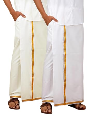 Image of Ramraj Cotton Men Cotton Blend Readymade White & Cream Dhoti With Gold Jari Border Genxt| Single Layer