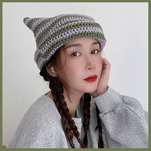 Fairy Grunge Cat Ear Beanie Y2K Punk Striped Crochet Hat Vintage Knitted Headwear Accessories4