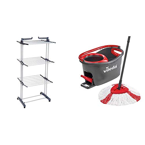 Amazon Basics Séchoir Tour d'intérieur avec Ailes Pliantes & Vileda Easy Wring & Clean Turbo Balai à Frange + Seau à pédale - Set Complet
