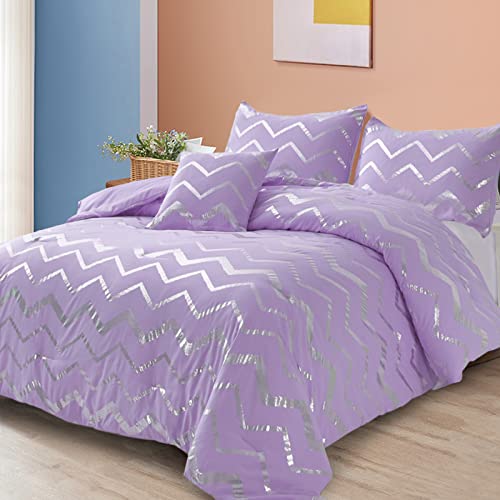 Menghomeus Purple/Silver Comforter Set Twin, Lavender Metallic Print Glitter Bedding Set Cute Shinny Lilac Bed Sets For Teen Girls Kids Women, 3 Piece (1 Pillowcase, 1 Decorative Pillow Sham) #TOP9