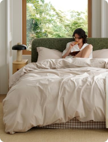 Image of Bedsure 100% Washed Cotton Duvet Cover Super Queen Size - Oatmeal Minimalist Bedding Set Linen Like - PureWoven Plain Simple & Soft Comforter Cover for All Seasons (Oatmeal, Super Queen, 90 inchx98 inch)