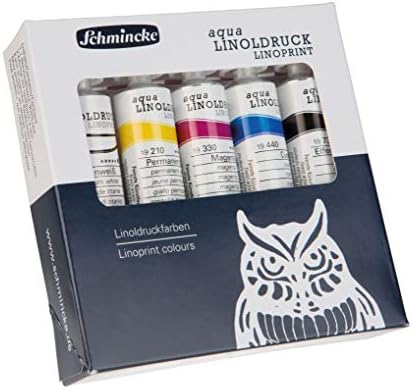 Schmincke - aqua-LINOLDRUCK, linoleum printing set with 5 x 20 ml tubes, 82 005 097, finest linoleum printing inks, sharp contours, even print, brilliant colours, best light fastness