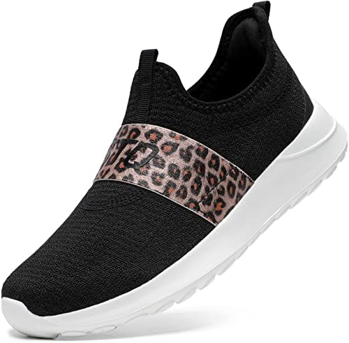 STQ Womens Slip on Sneakers Arch Support Tennis Shoes Comfortable Walking Shoes for Volleyball Gym Workout Black Leopard 7 US