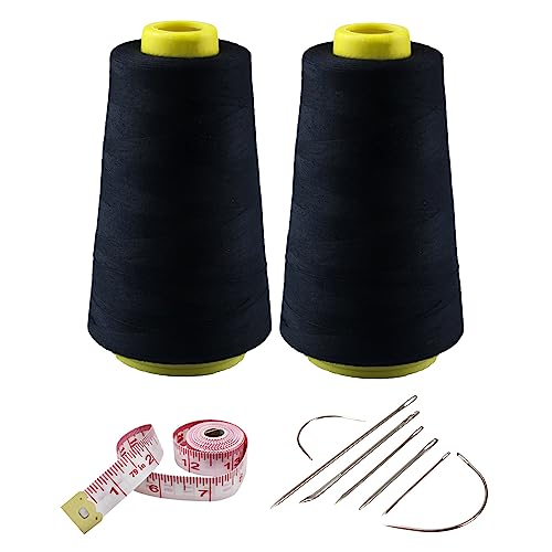 2 Spools Black Polyester Sewing Thread Kit, 3000 Yards Each, 40s/2 All-Purpose Connecting Threads for Sewing Machine and Hand Repair Works