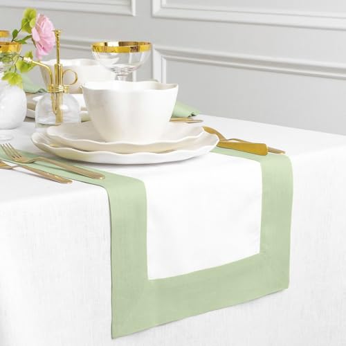 Solino Home 100% Pure Linen Table Runner 14x90 Inch – Light Green & White, Oeko-TEX Certified, Spring & Summer Table Runner for Dining Table, Handcrafted Farmhouse Décor - Contempo by Solino Home - Image 2