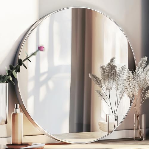 Image of Sunniry Silver Wall Mirror 42 inch, Silver Bathroom Mirror with Metal Frame | Round Mirrors with Brushed Aluminum Metal Frame, High Definition Mirror, No Distortion, Living Room, Bedroom, Dressing Room