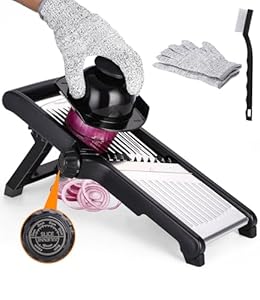 Mandoline Gemüsehobel 5-in-1 Profi Verstellbar Gemüseschneider Multifunktion Gemüsehobel Edelstahl Hobel Gemüse Gurken, Obst, Karotten Schneider mit Reinigungsbürste, Anti-Schneid-Handschuhe