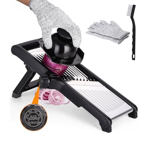 Mandolina - Cortador de verduras 5 en 1 profesional, ajustable, multifunción, acero inoxidable, para verduras, pepinos, frutas, zanahorias, con cepillo de limpieza, guantes anticorte