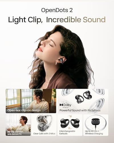 Image of SHOKZ OpenDots 2 Open-Ear Clip-On Earbuds with Upgraded Dolby Audio, 3-Mic Clear Calls, Rich Bass, Up to 40 Hrs of Audio, Wireless Charging, Interchangeable Left /Right Earbuds, IP57, Bluetooth 6.1
