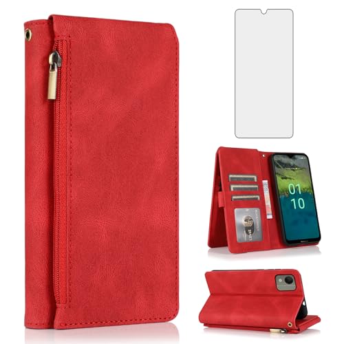 Étui Nokia C110 anti-rayure portefeuille zippé cuir rétro et protection verre