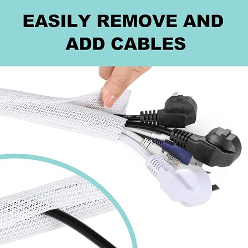 Image of AGPTEK Cable Sleeve Cover, 2Pack 5ft - 1.8 inch Desk Cord Organizer Cable Hider, Home Office Wire Management Computer TV Wire Loom Tubing, Pet Proof Cord Protector, from Cat Dog Chewing, White