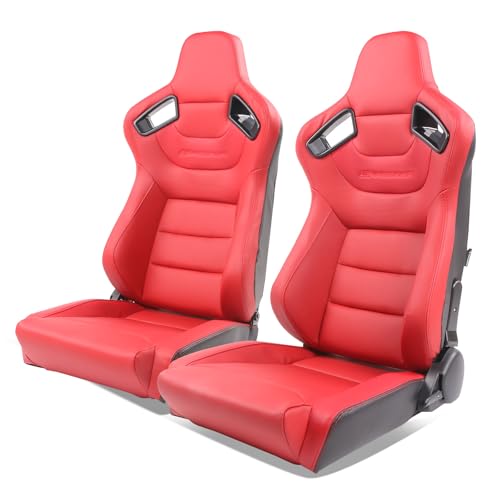 HYPER GLORY Universal Pairs of Racing Seat with Dual Sliders, PU Leather Front+Carbon Leather Back Reclinable Bucket Seat, Red w/LOGO-Flat Style