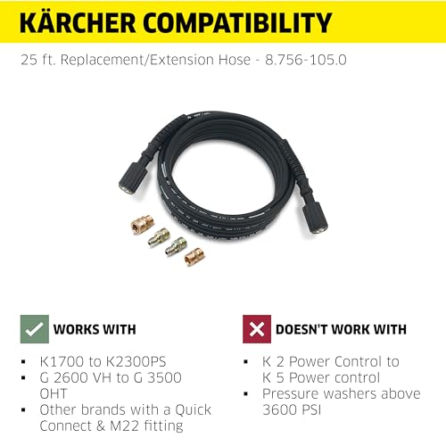 Image of Karcher 25' High Pressure Extension Hose for Pressure Washers up to 3600 PSI - with Adapters Included - Quick Connect or M22 Fitting