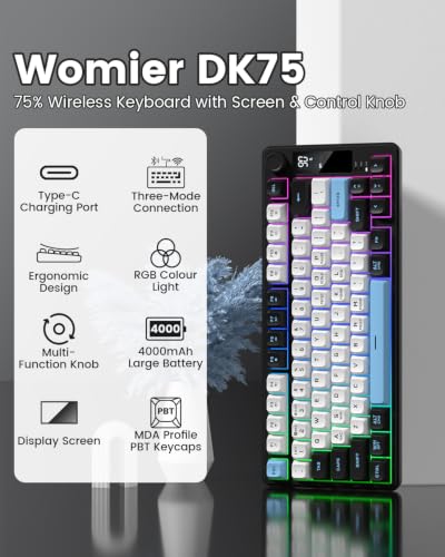 Image of DK75 75% Wireless Gaming Keyboard, RGB Backlit Creamy Keyboard with Media Knob, OLED Screen, Tri-Mode 2.4GHz /USB-C /BT5.0, Anti-Ghosting No-Conflict Silent Membrane Keyboard for MAC Windows