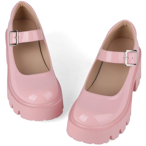 Image of AOSPHIRAYLIAN Mary Janes Platform Mary Janes for Women Round Toe Dress Shoes for Women Ankle Strap Chunky Heel Uniform Women's Pumps