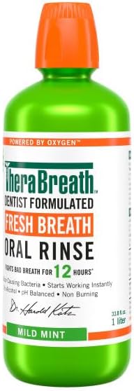 TheraBreath Fresh Breath Mouthwash, Mild Mint, Alcohol-Free, 1 Liter (33.8 fl oz)