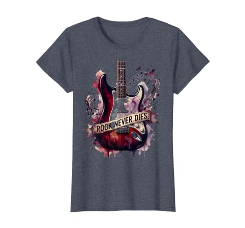 Rock Never Dies Bold Rockstar Graphic Design T-Shirt, Women, Heather Blue, X-Large