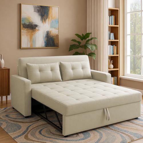 Image of Emilio 2-Seater Sofa Cum Bed for Living Room, Office & Home with Center Table | Premium Fabric Pull-Out Sofa Set with 1 Year Warranty | Space Saving Convertible Sleeper Sofa | Cream Colour