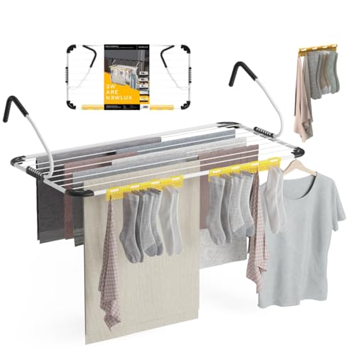 Newlux - Tendedero Balcón XXL Horizon V14 de Metal (107x55.5x28cm). Tendedero barandilla Plegable con Capacidad 14M y Resistencia 10kg. Accesorio Calcetines. Ideal Interiores y Exteriores, Blanco