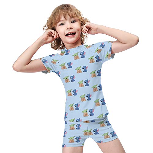 Baby Yo-da Stitch Boys 2-Piece Swimsuit Set Trunk and Rash Guard Swimwear Kids Short Sleeve Sunsuit Sun Protective Surfing Suit