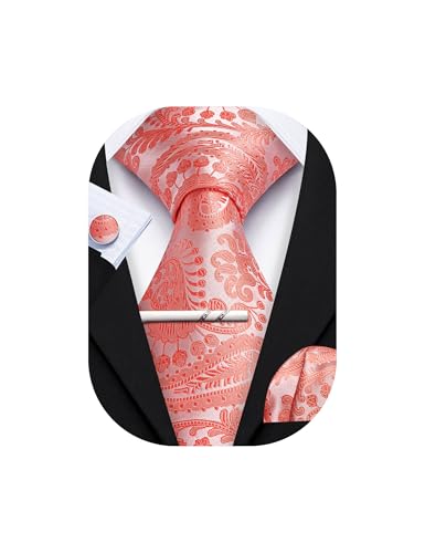 YOHOWA Coral Tie for Men with Tie Clip Paisley Silk Necktie Pocket Square Cufflinks Set Formal Wedding Party Business