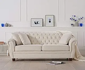 VILNIUS Dream Solid Sal Wood Fabric Upholstered Button Tufted Chesterfield 3-Person Sofa Set For Living Room, Off White Color