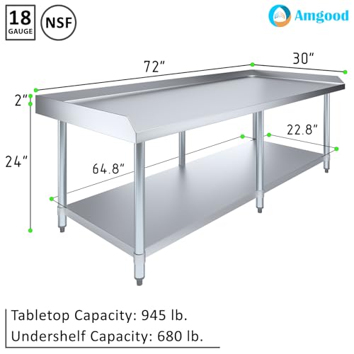 Image of AmGood Stainless Steel Equipment Stand - Heavy Duty, Commercial Grade, with Undershelf, NSF Certified (30 inch Width x 72 inch Length)