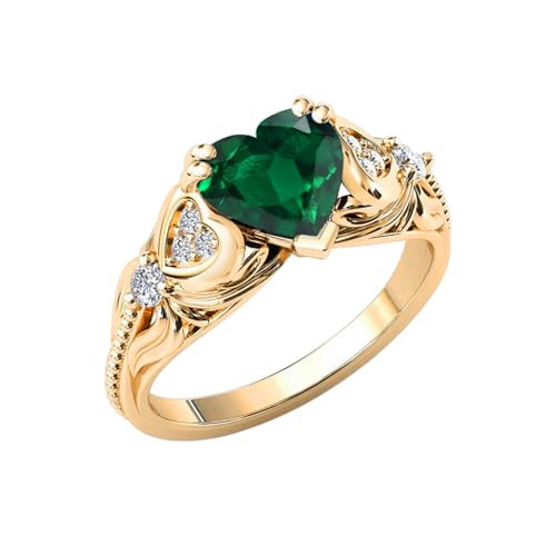 CTIEIP Sterling Silver 0.08cttw Natural Diamond Heart Shape Emerald Rings for Women Heart Created Emerald Engagement Rings Heart Shaped Promise Anniversary Rings for Her (2ct, 8 * 8mm,Size 6.5)