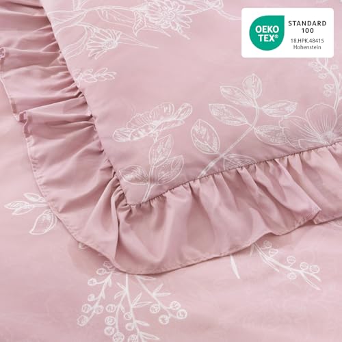 Image of Litanika Grayish Pink Full Comforter Sets, 3 Pieces Ruffle White Floral Farmhouse Bedding Comforter Sets, All Season Soft Lightweight Fluffy Microfiber Bed Set(79x90In Comforter, 2 Pillowcases)