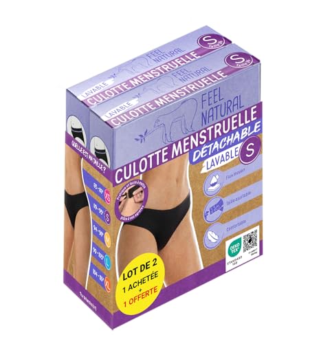 Feel Natural - Pack 2 Culottes Menstruelles Détachables - Lavable et Anti Fuite - Confort Hygiénique Femme, Protection Absorbante - Flux Moyens, Sous Vêtement Femmes Noir - Taille S