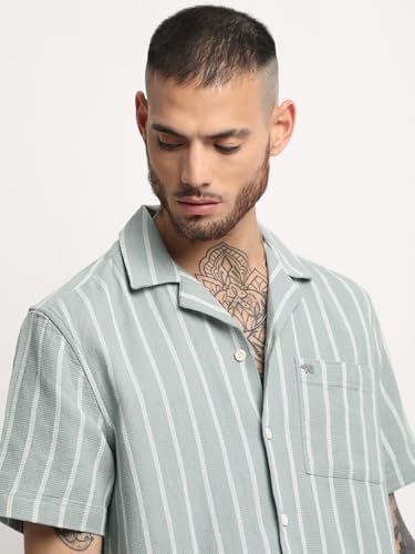 Image of Men's Green Striped Regular Fit Casual Shirt