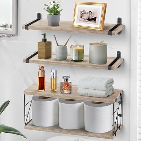 TJ.MOREE Bathroom Shelves Over Toilet Floating Shelves for Wall Rustic with Toilet Paper Wire Basket, Farmhouse Floating Shelf for Bedroom, Living Room, Kitchen, Wall Decoration (Ivory Brown) Cover