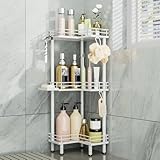 Consumest Corner Shower Caddy Standing - 3-Tier Stainless Steel Shower Organizer with Soap Holder and 4 Hooks, Large Capacity Corner Shelf Stand for Bathroom, Rest Room, White