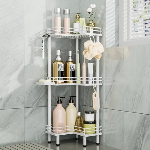 Consumest Corner Shower Caddy Standing - 3-Tier Stainless Steel Shower Organizer with Soap Holder and 4 Hooks, Large Capacity Corner Shelf Stand for Bathroom, Rest Room, White by Consumest - Used condition - US$34.59
