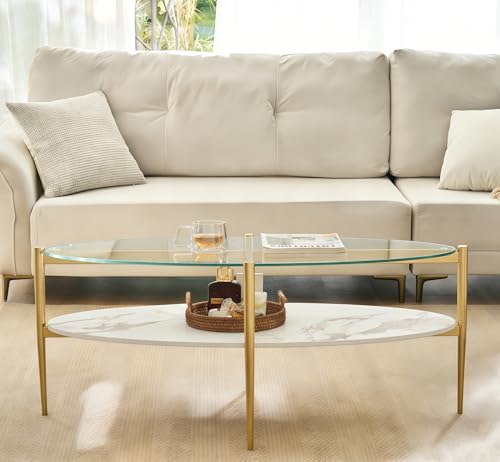 Shrine Oval Coffee Table, Mid-Century Modern Design, 2-Tier Structure, Clear Glass Top and White MDF Shelf, 47" D x 21" W x 17" H, Sleek Conical Metal Legs with Gold Finish