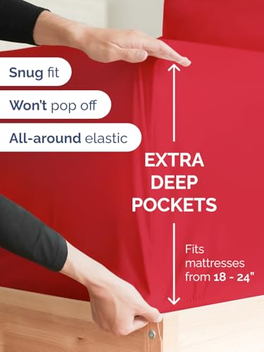 Image of Extra Deep Full Fitted Sheet - Single Fitted Sheet Only - Red | Easily Fits 18 inch to 24 inch Mattress, Soft, Wrinkle Free, Breathable & Comfy, Extra Deep Pockets Hotel Luxury Fitted Sheet