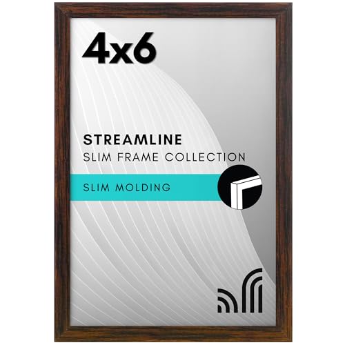 Americanflat 4x6 Picture Frame with Shatter-Resistant Glass - Streamline Collection - Thin Border Photo Frame for Tabletop and Wall Display - Hanging Hardware and Easel Stand Included - Walnut