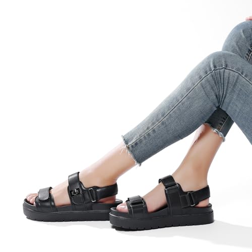 Image of ZEENXIUYA Women's Thick Platform Sandals Comfort Adjustable Double Strap, Soft Footbed Sandals with Back Strap, Arch Support Summer Beach Slip On Leather Flat Sandal