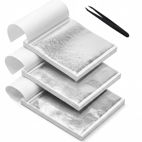 GETRICH 300 Hojas Pan de Plata de Imitación para Artes, 9x9CM Pan de Plata manualidades con Pinzas, Lámina Dorada para Dorado para Proyectos de Artes,Decoración de Muebles,Pintura y Manualidades,Uñas