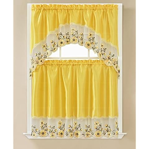 Gentle Home 3pc Kitchen Curtain and Valance Set/1 Swag Valance and 2 Tiers,2 Tiers Width 30"x 36" Each and The Valance Length 60"x36" (Dora Sunflower Yellow) Cover