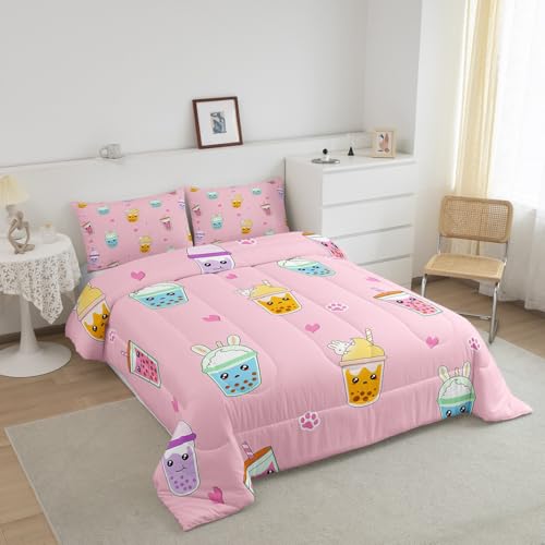 Image of Feelyou King Size Milk Tea Comforter Set - Cartoon Bubble Tea Bedding for Kids, Boys, Girls, Adults - 3Pcs Pearls Duvet Insert for Bedroom Decor
