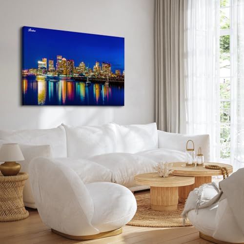 Image of USA City Posters Massachusetts Downtown Skyline Wall Art Cityscape Sunset Night View Canvas Prints Modern Buildings Landmarks Wall Decor Colorful Skyscraper Painting Artwork Office Decorations 32x48 inch